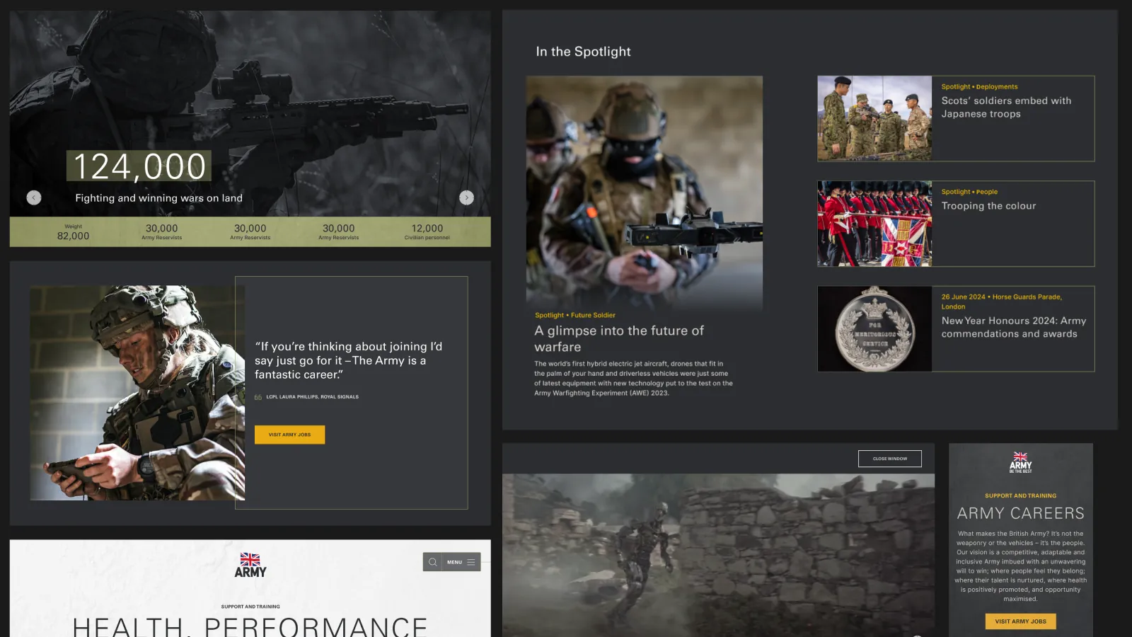 British Army website screens showing statistics, a news spotlight and careers content