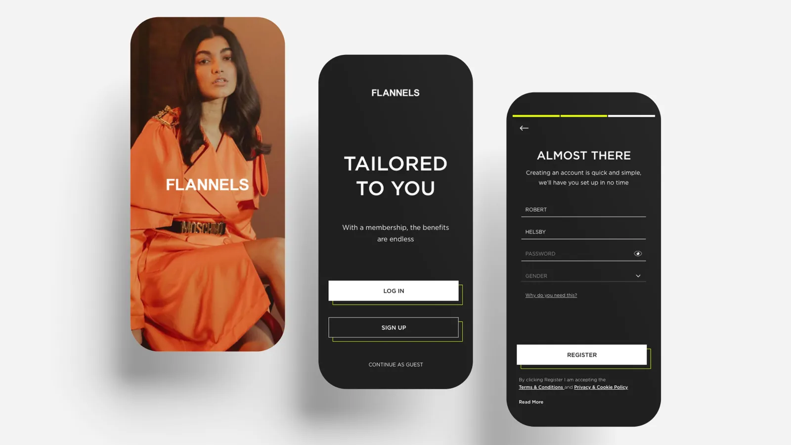 Flannels app screens for onboarding and account registration
